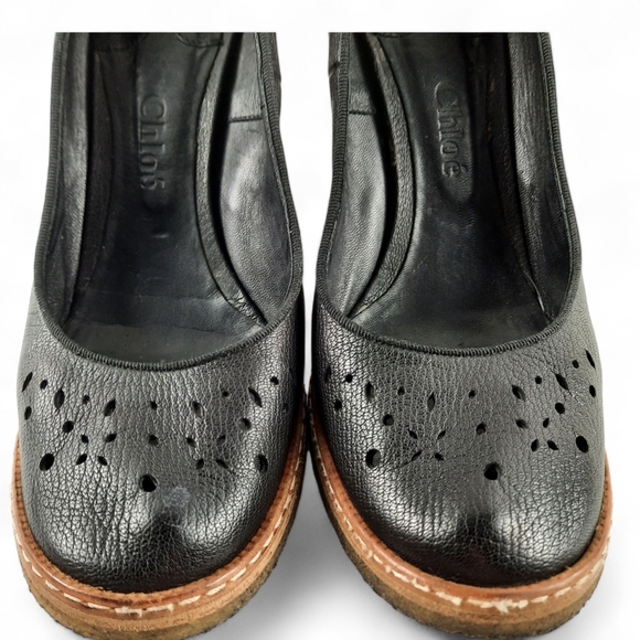 CHLOE Crepe Sole Welted Black Pumps Perforated Rubber Platform Chunky Heel 10 - Picture 2 of 12